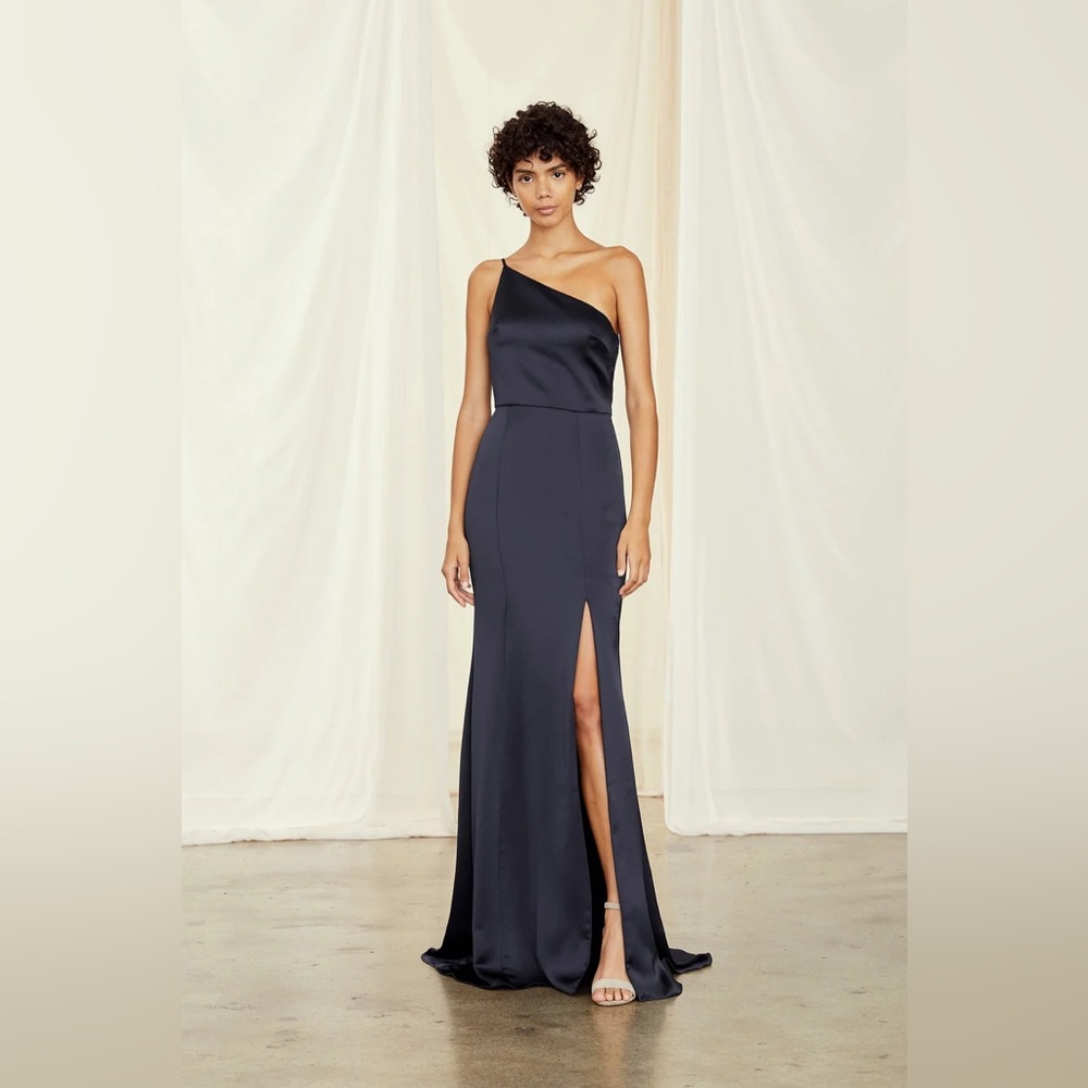 Amsale One-Shoulder Navy Satin Maxi Dress with Front Slit
